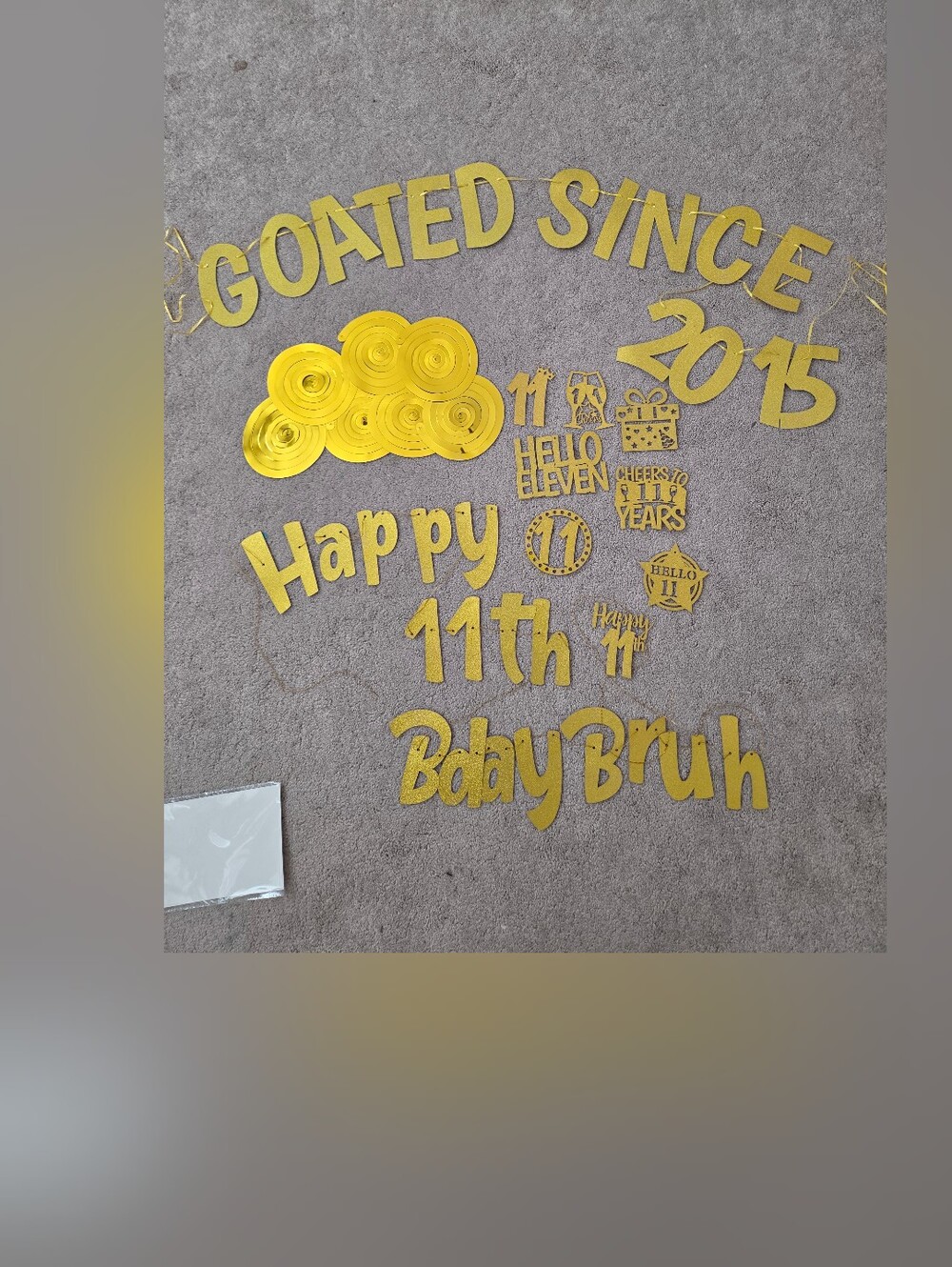 Gold 'Happy 11th' Party Banner and Hanging Swirls